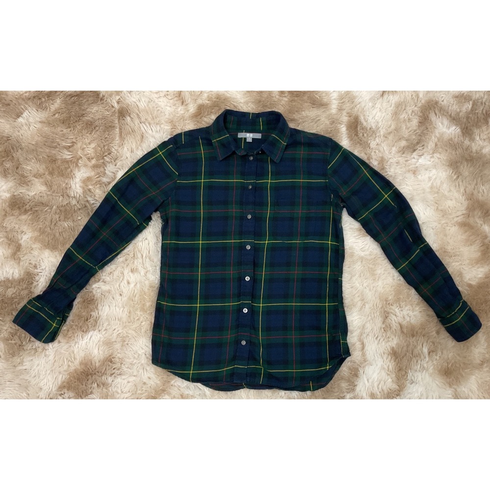 Uniqlo Womens Flannel Plaid Button Up Shirt Navy Green Tartan 100% Cotton M